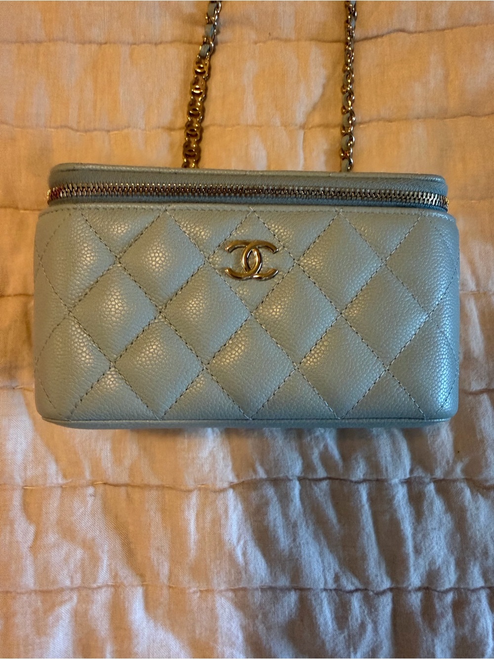 CHANEL Quilted Mini Chain Crossbody in Pale Blue with Gold Hardware
